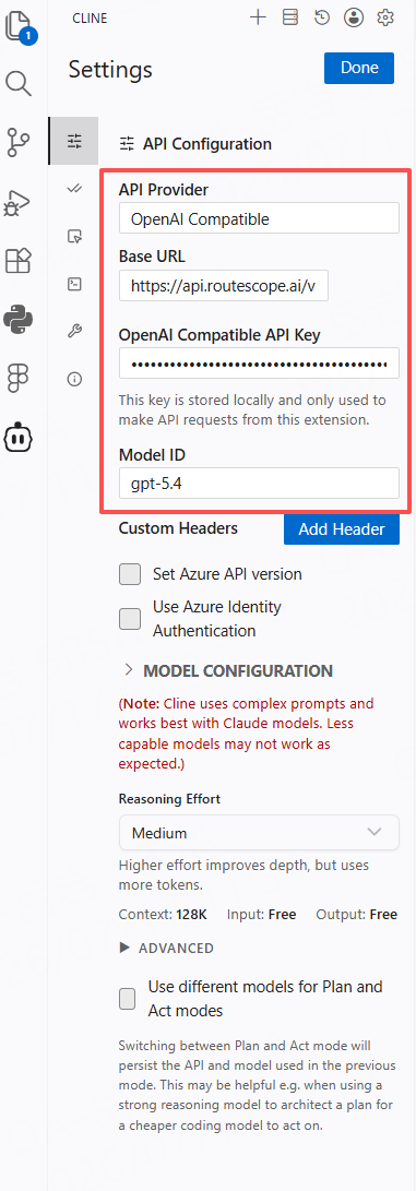 Cline OpenAI Compatible 配置表单